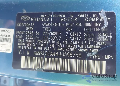 2018 Hyundai Tucson Sel z USA, uszkodzony, nr VIN KM8J3CA44JU598758